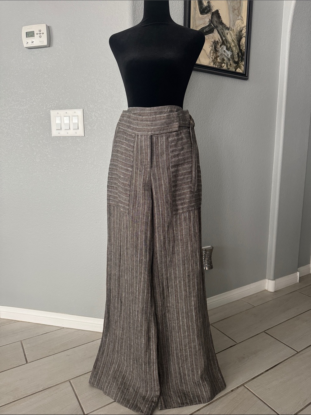 NEW Wide-Leg Striped Linen Blend Pants - Gray